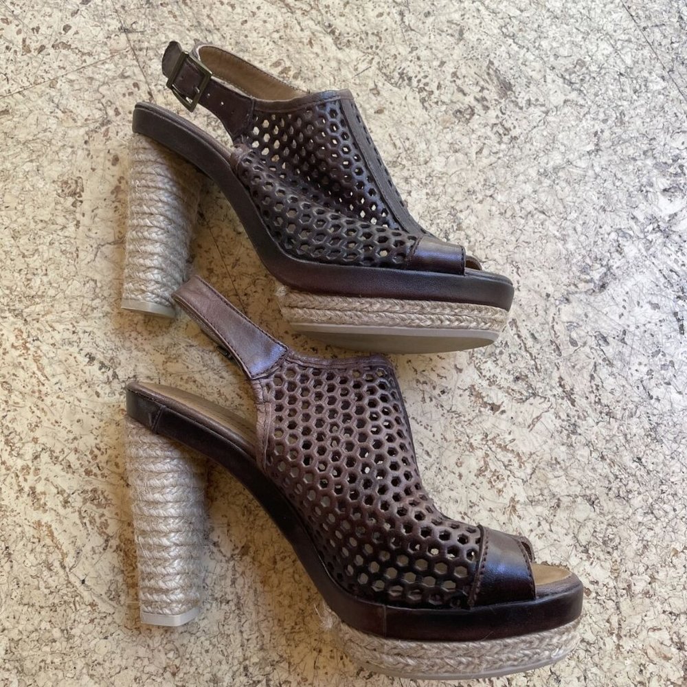 Classic brown perforated leather high heel platform Espadrilles sandals 8 38 NEW